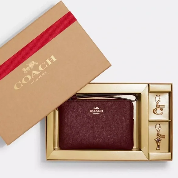 Coach Black Cherry Glitter Boxed Corner Zip Wristlet with Charms. 3 piec… - Picture 2 of 9